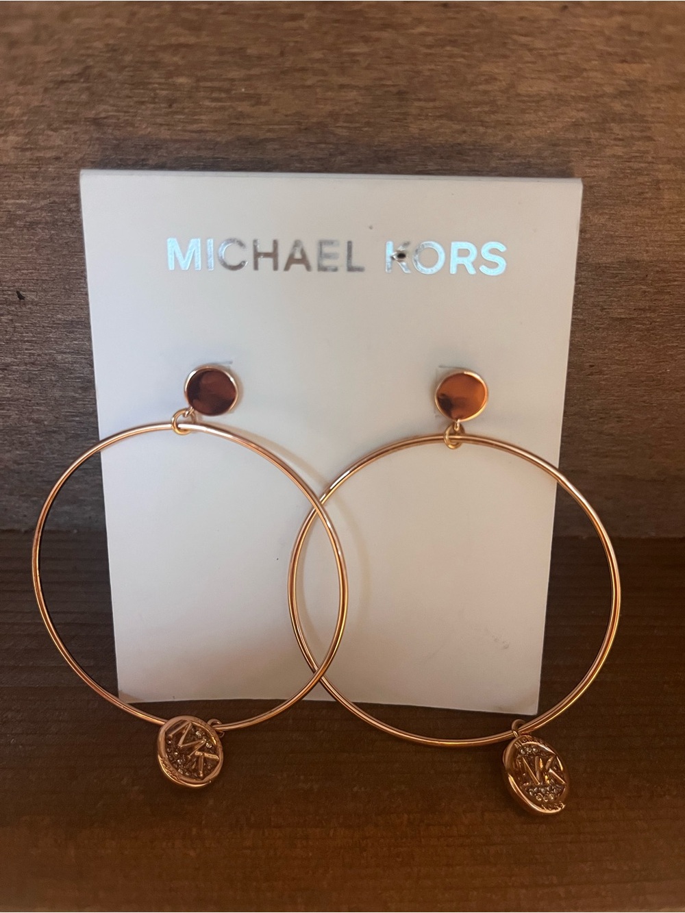 Michael Kors Rose Gold Hoop Earrings with MK Disc Charms